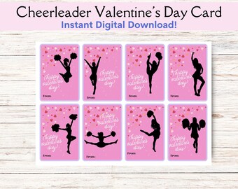 Afdrukbare Cheer Valentijnsdag kaart, roze achtergrond Cheerleader Valentine vriendschapskaart, INSTANT DOWNLOAD Cheer Team kaarten