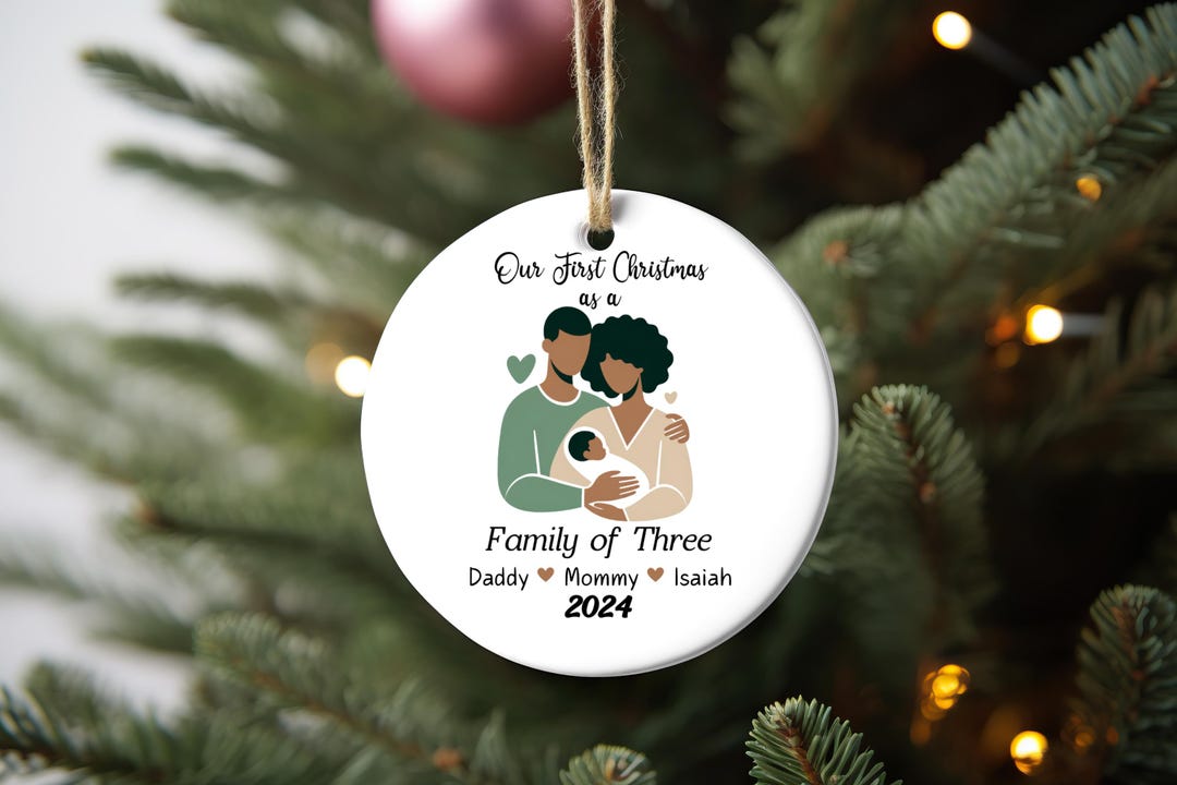 African American Family of Three Christmas Ornament, Baby's First ...