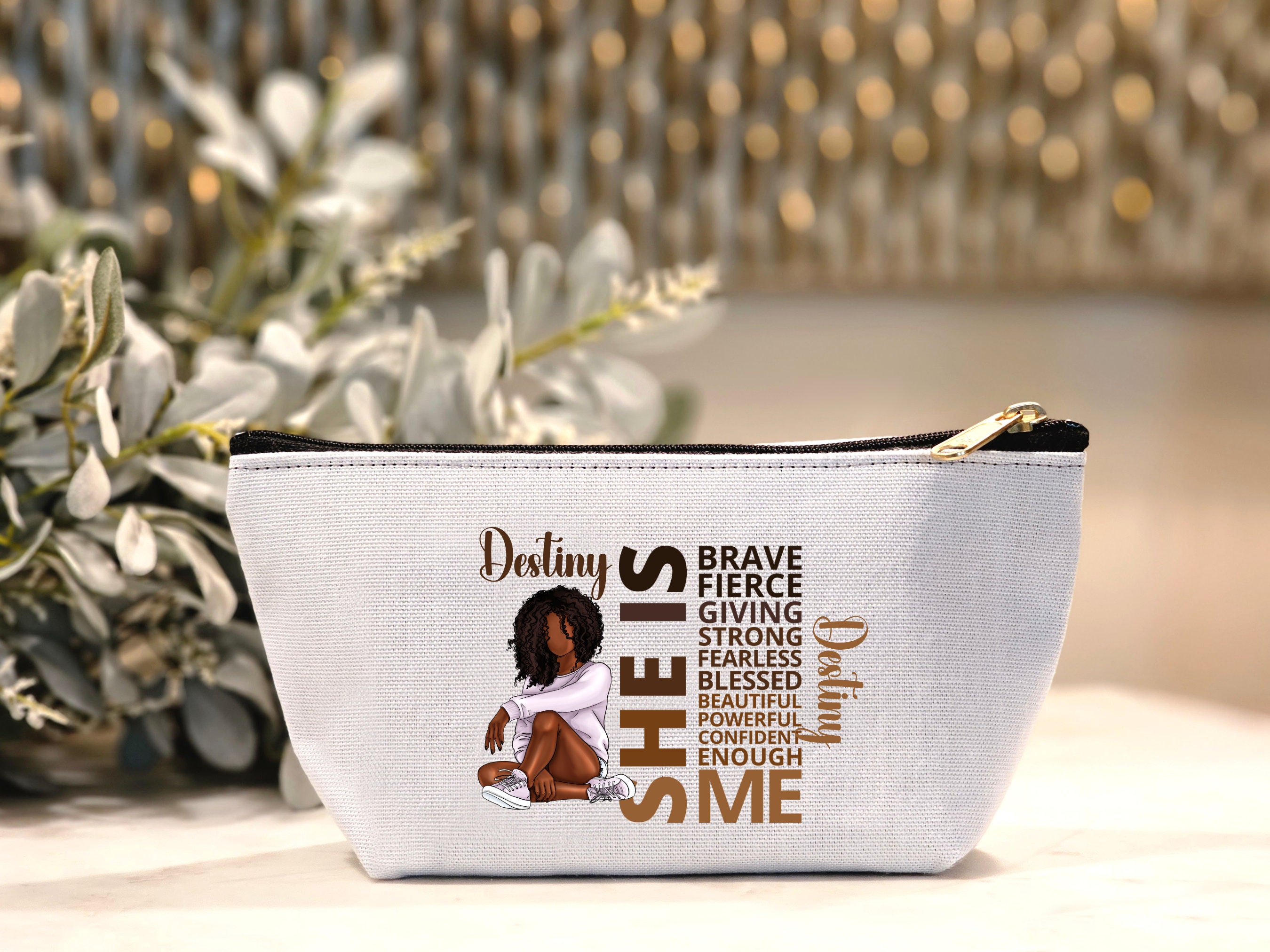 Personalized Black Girl Cosmetic Pouch, She IS Affirmation Pouch, Custom African American Toiletry Bag, Black Teen Girl Gift, Makeup Bag