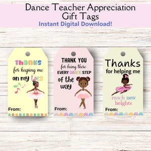 Etichette regalo di apprezzamento per insegnanti di danza stampabili, etichetta regalo ballerina afroamericana, DOWNLOAD IMMEDIATO etichetta regalo ballerina nera, etichetta favore danza