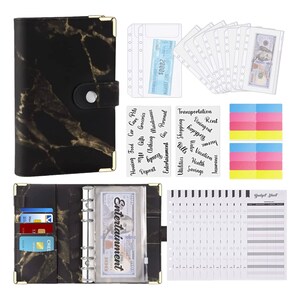 May include: A black and gold marble-patterned binder with a clear plastic pocket for cash or cards. The binder has a six-ring design and includes a budget sheet, dividers, and labels for different categories.