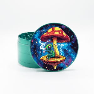 Alien Herb Grinder, Alien Sitting on Mushrooms Design Grinder, Tobacco Cool Grinder, UFO Herb Grinder