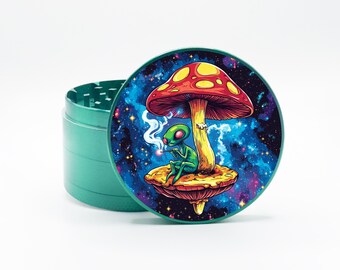 Alien Herb Grinder, Alien Sitting on Mushrooms Design Grinder, Tobacco Cool Grinder, UFO Herb Grinder