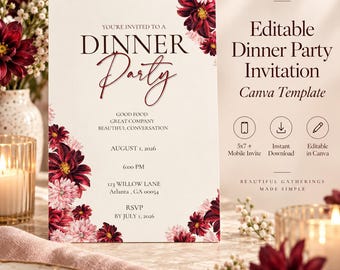 Editable Dinner Party Invitation Template | Burgundy Floral Canva Invite | 5x7 + Mobile Invitation