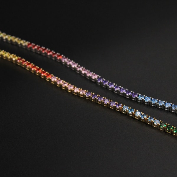 18K Gold Swarovski Rainbow Tennis Bracelet, 3.5MM CZ Zircon Cubic Zirconia Diamonds, Silver Swarovski Crystal Bracelet For Women/Men