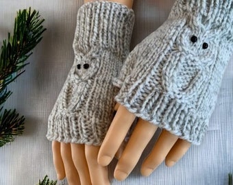 Knitting Pattern for Fingerless Gloves with Cable Owls