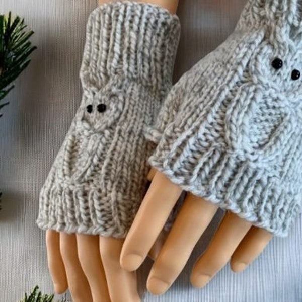 Knitting Pattern for Fingerless Gloves with Cable Owls