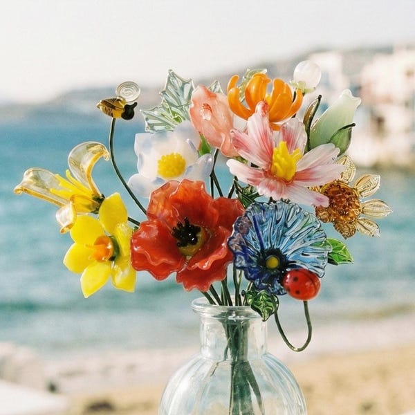 Bouquet de fleurs en verre, cadeau de fleur de naissance artisanal, arrangement pour la fête des mères