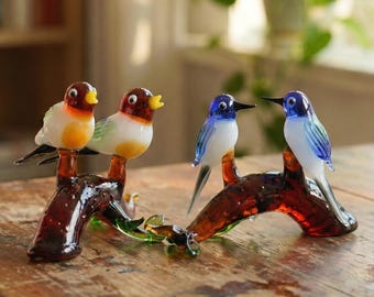 Vintage Murano Italy Art Glass Miniature Love Birds on Branch With