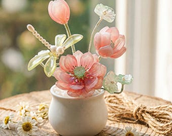 Handmade Glass Flower, Potted Plant Desk Decor, Winding Flower Pot
