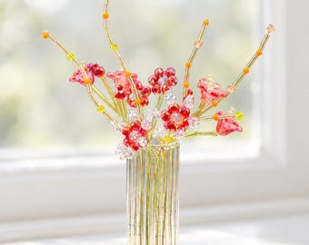 Handmade Crystal Beaded Flower Bouquet, Mini Glass Vase, Everlasting Floral Art (5x8cm)