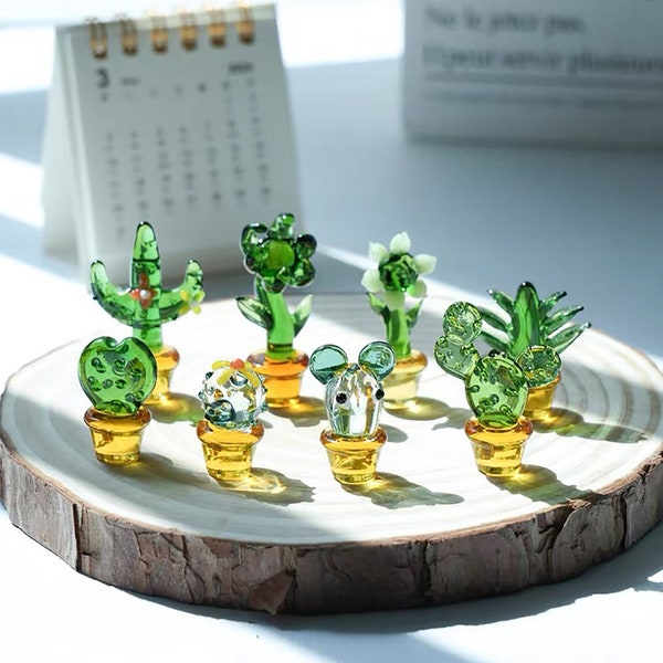 Mini- about 1.6 inches Glass Cactus Pots Set, Cactus Lovers Glass Sculpture, Glass Cactus Plants, Car Decoration Set