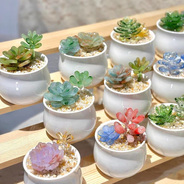 Glass Succulent Potted Plants, Glass Plants, DIY Handmade Glass Art Artificial House Plant Desk Accessories Succulents Lover Fathers Day