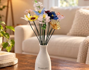 Hand Blown Glass Flower Bouquet, Custom Ceramic Vase, Personalized Gift (9.84" H)