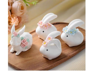 White Ceramic Rabbit Statue, Ceramic Rabbit Ornament, Home Decor Handmade Ceramic Art, Desk Accessories Car Ceramic Ornament Easter Decor