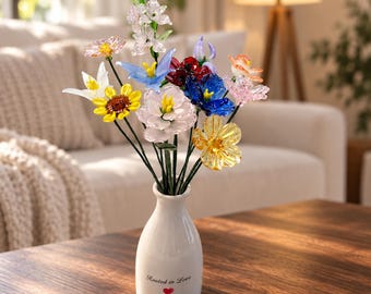 Handmade Glass Flower Bouquet, Personalized Ceramic Vase (9.84" H)