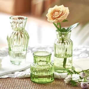 Ins Bud Vase Ribbed Vase for Flowers Glass Vase Vintage Green Vases Decor Table Decoration