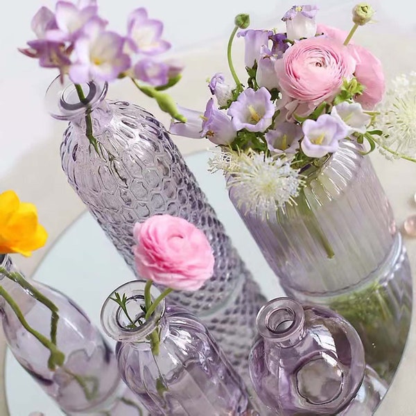 Dreamy Purple Bud Vase Embossed Wedding Vases for Flowers Glass Ribbed Vase Vintage Vases Decor Vases Glass Vase Decoration Home Decoration