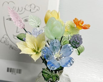 Handmade Glass Flower Bouquet, Larkspur, Morning Glory, Marigold, 7.5 Inches
