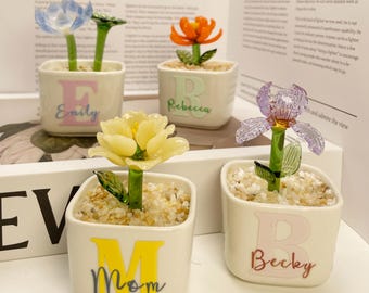 Personalized Glass Flower, Birth Month Potted Gift, Initial Decor