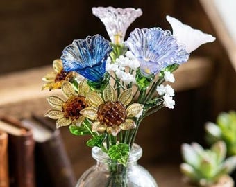 Artisan Glass Flower Bouquet, Morning Glory Sunflowers, Miniature Vase Decor