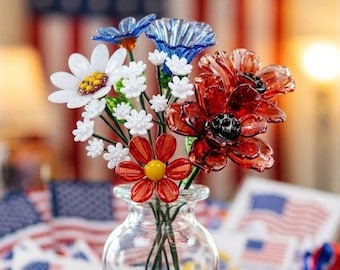 Glass Flower Bouquet, Red White Blue Patriotic Decor, 4th of July Centerpiece