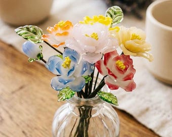 Artificial Peony Bouquet, Glass Birth Flower Arrangement, Custom Color (November Gift)