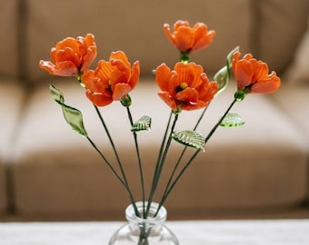 Handmade Glass California Poppy Bouquet Gifts, Set of 5 Flowers, 9.8 inch Height