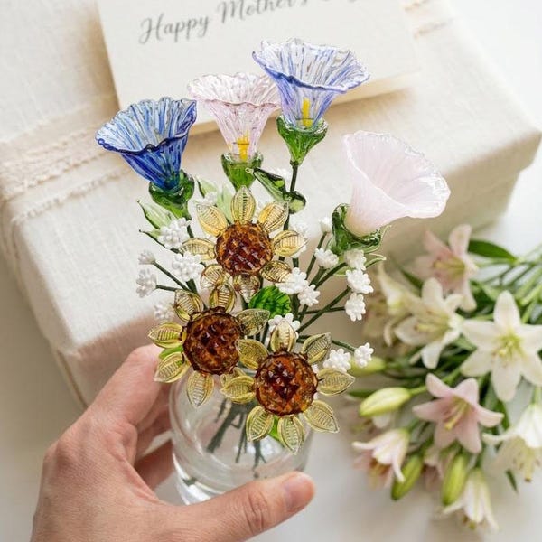 Handmade Glass Birth Flower with Baby's Breath, 7.5-inch Bouquet Accent