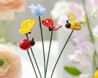 Handmade Glass Insect Plant Stakes, Lampwork Bouquet Accessories, Spring Garden Art