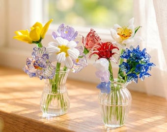 Handcrafted Miniature Glass Flower Bouquet, Personalized Birth Month Gift (Vase Included)