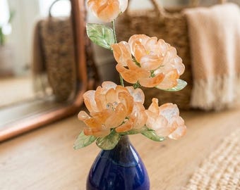 Handmade Glass Peony Bouquet, November Flower, Blue Ceramic Vase, Desk Decor