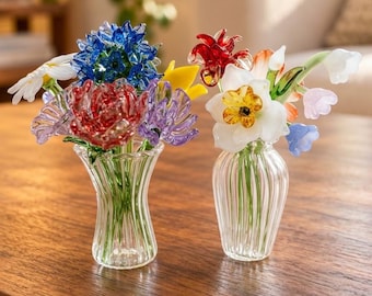 Handmade Glass Flower Bouquet, Lampwork Miniature Art, Vase Included