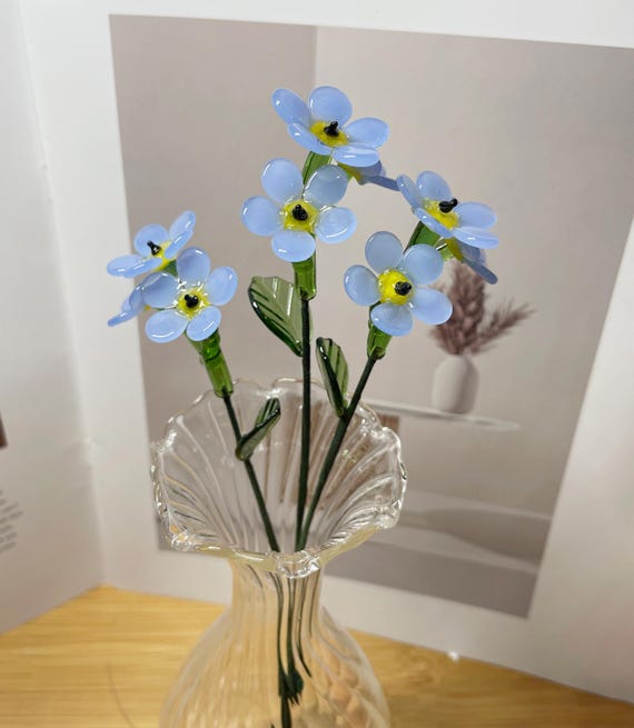 H19,5 cm Vergissmeinnicht Blume, handgefertigter Glasblumenstrauß, Glasornament Erinnerung Blumenstrauß Einzigartiges Geschenk für Sie