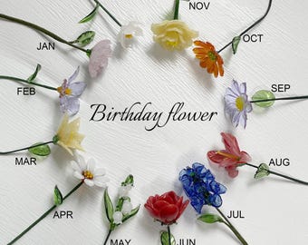 Glass Birth Month Flower, Handcrafted Floral Art, 7.5 Inch Commemorative Bouquet