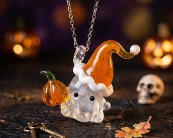 Handmade Glass Ghost Necklace, Halloween Pumpkin Hat Pendant, Spooky Accessories