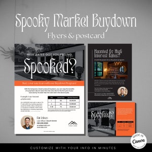 Bearbeitbares Buydown-Diagramm, Halloween-Hypothekenmarketing, Kreditsachbearbeiter-Flyer- und Postkartenvorlage, gruselige Preise, Überwindungsängste