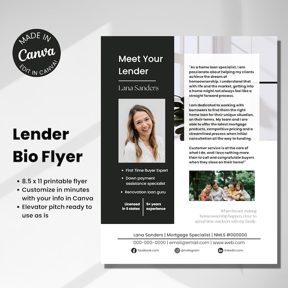 loan officer bio, lender elevator pitch, lender specialty flyer, bio email blast, minimalist modern design