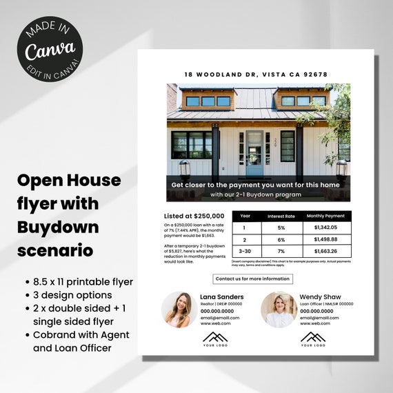 Open house flyer with buydown scenario flyer, mortgage payment, loan officer marketing, just listed, minimalist design, buydown chart