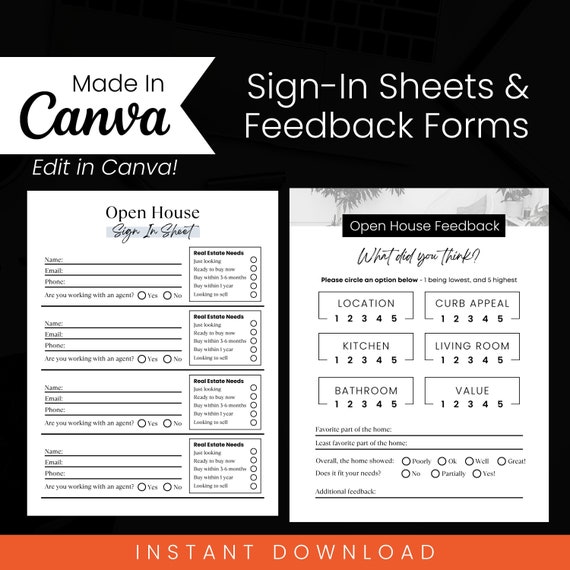 Open House Sign In Sheet, Open House Feedback Form, Property feedback flyer, Customizable Canva Flyer, Real Estate flyers