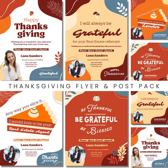 Colorful Thanksgiving Flyer & Social Media Post Pack, Real Estate Agent, Loan Officer Fall Marketing, Grateful for referrals, Color block