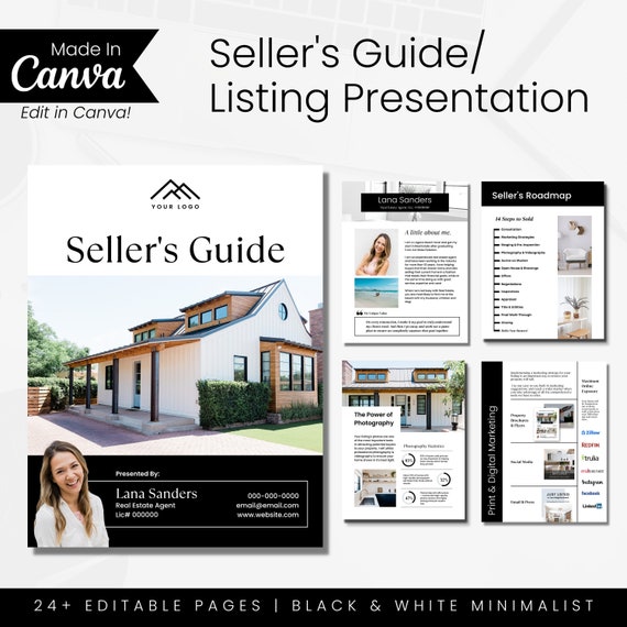 Real Estate Listing Presentation, Sellers Guide, Sellers Roadmap, Editable Real Estate Packet, Canva, Monochrome, Minimalist Marketing
