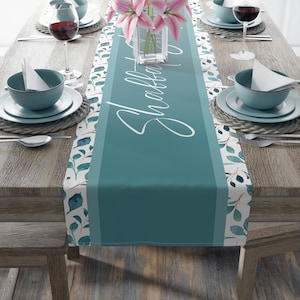 Blue Floral Shabbat Shalom Table Runner - Shabbat Jewish Home Decor - Shabbat Table Decorations