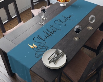 Camino de mesa Shabat Shalom - Decoración de mesa Shabat con estrellas azules - Decoración judía para el hogar - Decoraciones de Shabat