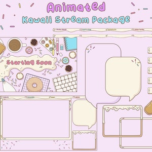 May include: Animated Kawaii Stream Package with a pink background and a variety of donut and sprinkle graphics. The package includes a starting soon screen, a chat box, a donation panel, and a set of social media buttons.