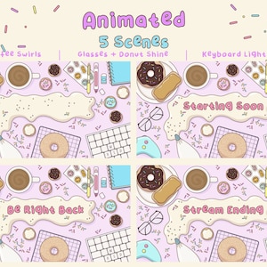 5 ANIMATED Twitch Scenes for Cute Streamers | Pink Kawaii Frosting Donut Food Stream Assets | Includes Animated and Static Stream Scenes