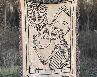 Goth Blanket, The Lovers Tarot Card Woven Throw Blanket, Skeleton Throw Blanket, Goth Skull Decor, Skeleton Couch Blanket Tarot Blanket Gift