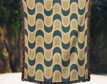 Retro Throw Blanket, Woven Throw Blanket, Throw Blanket Couch, Retro Bedding, Geometric Throw Blanket, Groovy Blanket, Green Cotton Blanket