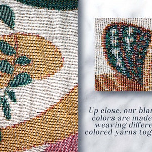 May include: Close-up of a woven blanket with a colorful floral pattern. The blanket is made with different colored yarns woven together.