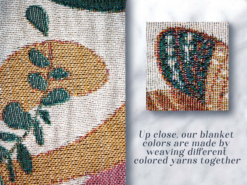 May include: Close-up of a woven blanket with a colorful floral pattern. The blanket is made with different colored yarns woven together.